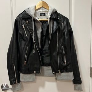Faux leather jacket with built in grey hoodie.